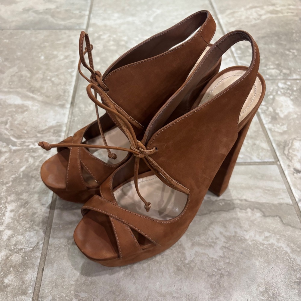 Schutz Tan Suede Platform Sandals Block Heel Lace Up Slingback Heels
Sz 9.5B